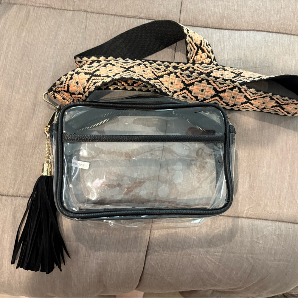 Clear Bag l Black Crossbody Bag with Patterned Strap